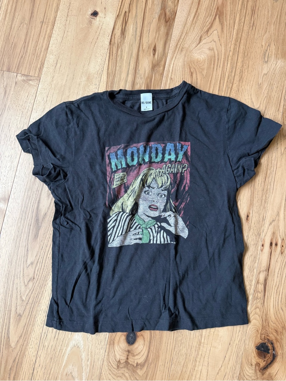 Re/Done Black 'Monday Again' Graphic Tee with Multicolor Print